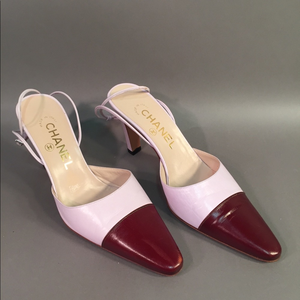 Vintage two tone pointy toe Chanel strap heels